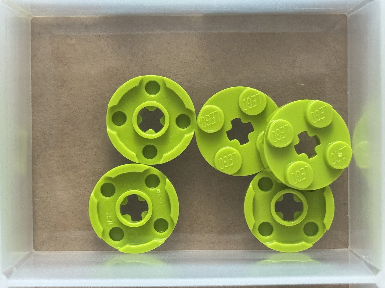 LEGO Parts - Lime Plate, Round 2 x 2 with Axle Hole - No 4032 - QTY 5