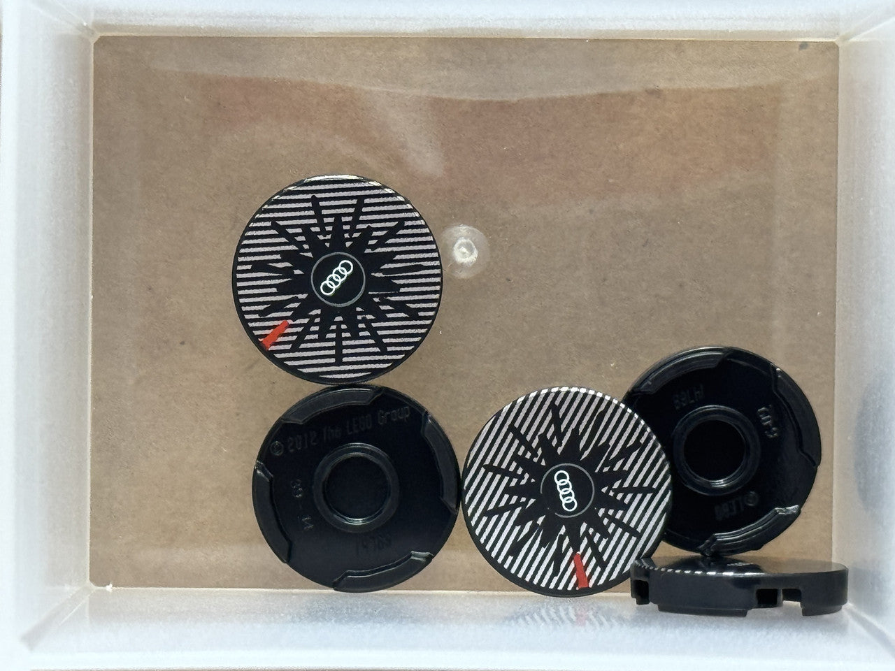 LEGO Parts - Black Tile, Round 2 x 2 White Audi Logo - No 14769pb674 - QTY 5