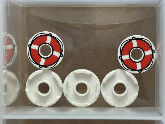 LEGO Parts - White Tile, Round 2 x 2 Hole Life Preserver - No 15535pb11 - QTY 5